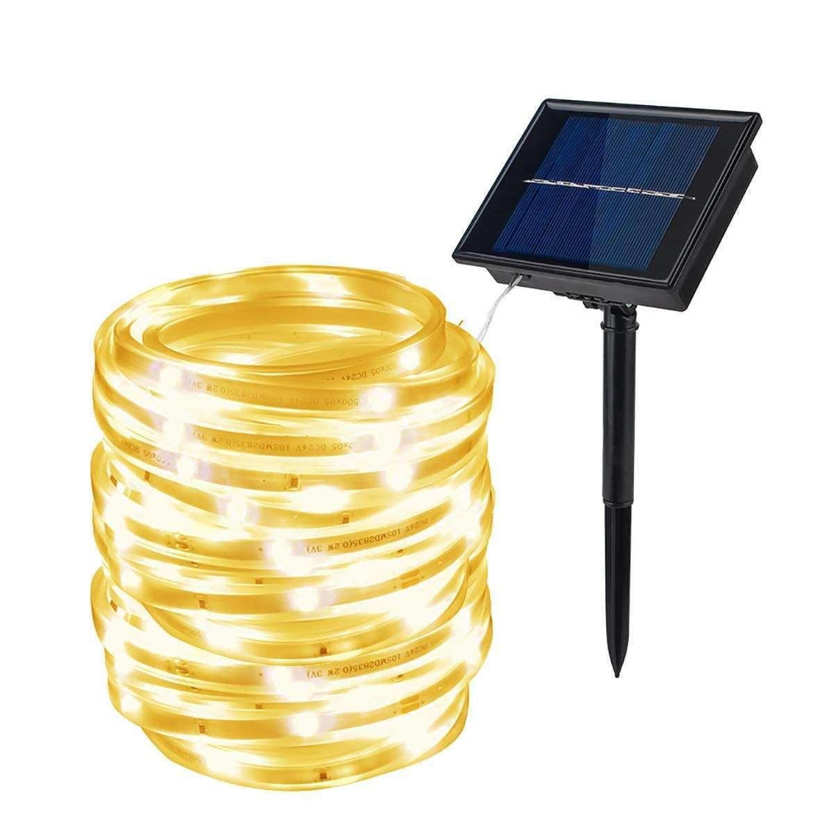 The 5M Warm Solar Strip Light is an energy-saving lighting solution designed for outdoor and decorative use.
